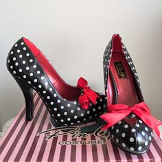 Women's Brand New Pin Up Couture Blk/White Polka Dot Print Heels With Red Ribbon, Size 6, 4.5 Inch Heel. Pinup Couture, Couture Shoes, 5 Inch Heels, Polka Dot Print, New Pins, Red Ribbon, Dot Print, White Polka Dot, Women Brands