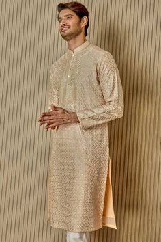 Beige tussar silk kurta with tonal resham, lurex, zari, and sequin embroidery in floral jaal patterns. Comes with pyjama. - Aza Fashions Tussar Silk Kurta, Kurta Set Men, Men Kurta, Kurta Set For Men, Silk Kurta, Sequin Embroidery, Sequins Embroidery, Fashion App, Kurta Set