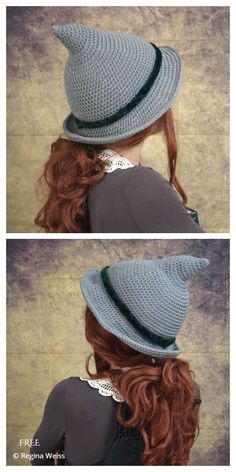 two pictures of a woman with red hair wearing a hat