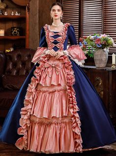 Top quality and comfortable cotton gown with stylish stripes. Button down on corset at front. Shake up details on bodice gown. Masquerade Party Dresses, Marie Antoinette Dresses, Victorian Ball, Tudor Dress, Full Sleeves Dress, Antoinette Dress, Cotton Gowns, Fantasy Princess, French Dress