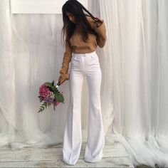 Beautiful High Quality Trousers Brand New ( Too Small I Bought A Wrong Size) Extra Long And High Waisted. They Are White With A Tint Of Champagne ,Last Pictures Show Yellowish Because Of The Light Silk Trousers, M J, Jumpsuit Trousers, Swimwear Fashion, Bell Bottoms, Extra Long, Beautiful Day, White Jeans, Pant Jumpsuit