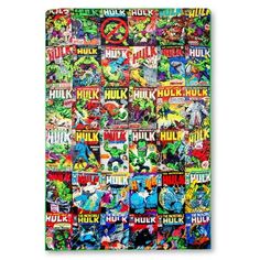 an image of the cover to a book with comic books all over it, including hulk and