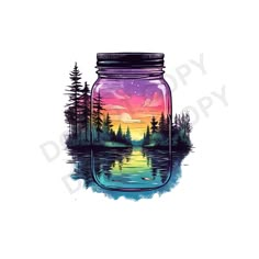 a jar filled with water sitting on top of a white surface next to trees and a lake