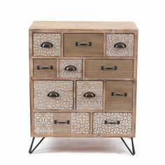 an old dresser with drawers and metal handles on the bottom, against a white background