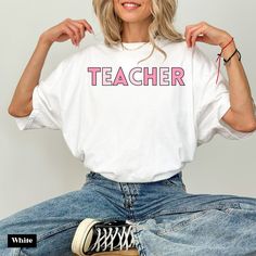 Comfort Colors 100% cotton t-shirt with the word "TEACHER" in large letters across the front.  See size chart in photos! Available in multiple colors. Comfort Colors Shirt, Large Letters, Shirt Price, Comfort Colors, Cotton T Shirt, San Jose, Cotton Tshirt, Gender Neutral, Size Chart