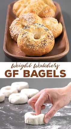 bagels are being made with gf bagels on a tray and then topped with poppy seed sprinkles