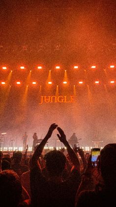 people are standing in front of a stage with their hands up to the crowd at night