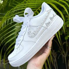 Wedding Sneakers for the Bride, Personalized Wedding Gift for the Bride, Crystals Custom AF1 With Rhinestones Sneakers - Etsy Bridal Sneakers, Pearl Ribbon, Wedding Sneakers, High Top Converse, Bridal Wedding Shoes, Custom Air Force 1, Look Retro, Shoes Custom, Wedding Sandals