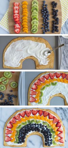 the process to make a rainbow cake with fruit and cream frosting is shown in three different stages