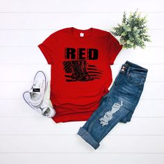 "A RED Friday, shirt is a great way to show support for your hero!  Shirt come in your choice of Red, White or Black with Black or Red vinyl! During Checkout- Please select which color option you prefer and size These are unisex adult short/long sleeve shirts.  Standard Adult Sizes S - Width: 18\" / Length: 28\" M - Width: 20\" / Length: 29\" L - Width: 22\" / Length: 30\" XL - Width: 24\" / Length: 31\" 2XL - Width: 26\" / Length: 32\" 3XL - Width: 28\" / Length: 34\" Please be sure to leave al Red Friday Shirts, Friday Shirt, Remember Everyone Deployed, Red Friday, Military Support, Red Vinyl, Parent Support, Short Long, Unisex Shirt