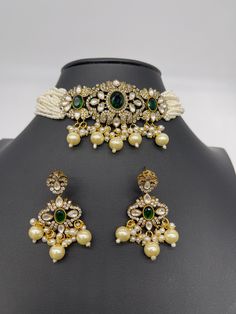 We bring beautiful Jewelry sure to elevate any look! Kindly pay attention to all photos and video and ask questions about the item prior to ordering. Traditional Green Pearl Necklace For Formal Occasions, Elegant Green Choker For Reception, Elegant Green Choker With Stone Work, Elegant Green Festive Choker, Emerald Green Stone, Earrings Emerald, Green Stones, Set Earrings, Choker Necklace Set