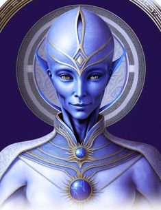 an alien woman with blue skin and gold accents on her face, standing in front of a circle