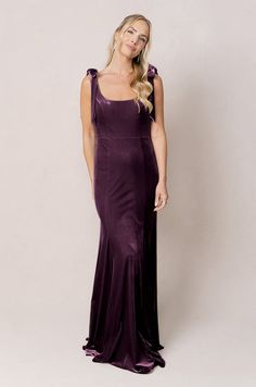 Model: Britt; Size: 4; Color: Purple Plum Velvet Dress, Plum Purple Dress, Plum Bridesmaid, Plum Bridesmaid Dresses, Wedding Parties Colors, Holy Matrimony, Godet Skirt, Velvet Bows, Velvet Bridesmaid Dresses