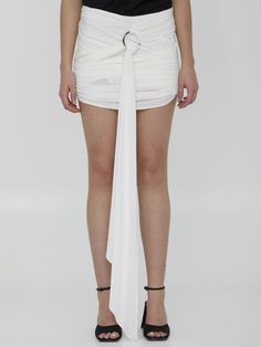 Fran miniskirt in white stretch jersey with drapes, front ring detail and long sash. The model is 178cm tall and wears size 40. Size nationality: ITA Product number: 36749390 Product code: 231WCS122E069001 Composition: 68% rayon, 27% polyamide, 5% elastane The Attico, Platform Wedge Heels, Dress With Cardigan, Premium Brands, Clothes Collection, Cardigan Jacket, Lei, White Shorts, Versace