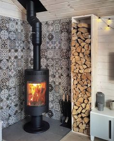 a wood burning stove in a room with decorative wallpaper and wooden logs on the floor