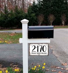 a white mailbox sitting next to a road with yellow flowers in the foreground