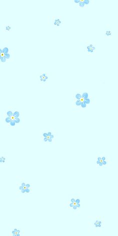 blue flowers on a light blue background with yellow centers in the center and bottom corner