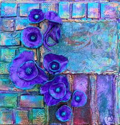 an abstract painting with purple flowers on a blue background