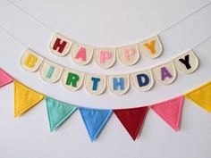 a happy birthday banner with the words happy birthday spelled out in different colors and shapes