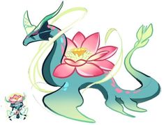 a drawing of a dragon with a flower on it's tail and a bird standing next to it