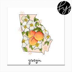 the state of georgia with peaches and white flowers on it's map, which is