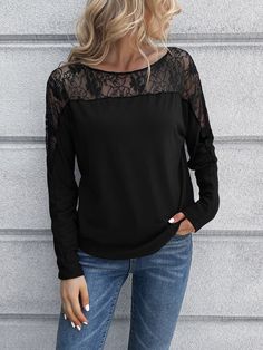 Casual Lace Top Crew Neck Blouse, Casual Crew Neck Blouse With Lace Top, Fall Stretch Lace Top, Stretch Lace Top For Fall, Fitted Casual Lace Top T-shirt, Casual Fitted Lace Top T-shirt, Fitted Casual T-shirt With Lace Top, Casual Fitted T-shirt With Lace Top, Crew Neck Lace Top For Layering