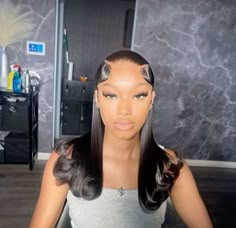 Prom Hairstyles For Black Women Middle Part, Formal Wig Styles, Sleek Front Hair Down Straight, Hocoming Hair Ideas Black Women, Long Bob Wig Hairstyles, Classy Frontal Hairstyles, Classy Birthday Hairstyles, Bumped Ends Hairstyle Short, Sleek Back Hair Down