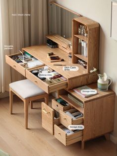 a wooden desk with drawers and an open drawer on the bottom shelf next to it