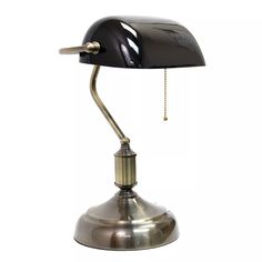 a desk lamp with a black shade on it