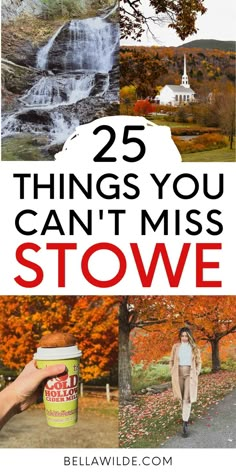 the words 25 things you can't miss in red and white with images of fall trees