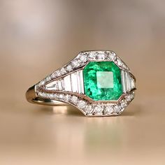 Segovia Ring - Colombian Emerald, Diamond, and Platinum Ring Vintage Halo Engagement Ring, Biedermeier Furniture, Art Deco Rings, Colombian Emerald Ring, Estate Diamond Jewelry, Deco Rings, Vintage Halo, Emerald Cut Engagement, Antique Wedding