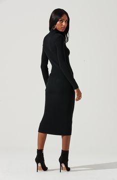 The Abilene features a ribbed sweater knit construction with a turtleneck collar. Padded shoulders add structure. Bodycon fit with a slight stretch. Long sleeves. Sweater Midi Dress, Fall Sweater Dress, Faux Leather Midi Skirt, Midi Sweater Dress, Cutout Sweater, Pleated Tennis Skirt, Leather Midi Skirt, Turtleneck Sweater Dress, Sweater Dresses