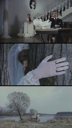 two different scenes from the same film, one shows a woman in white gloves and another shows