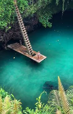 a man is sitting on a dock in the middle of a blue pool surrounded by greenery