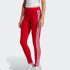 Adidas Originals Leggings Xs Red 3 White Stripe On Each Side Nwot Great Condition Never Worn Adidas Red Casual Bottoms, Red Casual Adidas Bottoms, Adidas Sporty Red Bottoms, Trendy Red Leggings For Spring, Adidas Red Bottoms For Spring, Red Adidas Bottoms For Spring, Red Adidas Athleisure Pants, Stretch Leggings With Three Stripes, Stretch Three Stripes Leggings