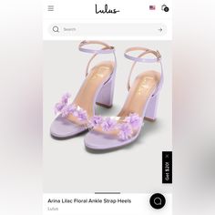 a pair of purple shoes with flowers on the heel, and an instagram page