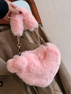 Bird in Bag - Solid Color Plush Heat-Shaped Crossbody Bag with Pendant Decoration Felted Handbags, Novelty Bags, Chain Crossbody Bag, Recycled Yarn, Black Chain, Womens Crossbody Bag, Cute Bags, Hobo Bag, Pink Bag