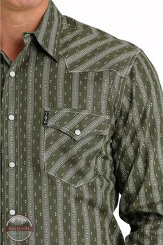 Cinch MTW1303072 Olive Stripe Print Long Sleeve Western Snap Shirt Look sharp and show off your western style in this Olive Stripe Print Long Sleeve Western Snap Shirt by Cinch! This stylish yet comfortable shirt features two chest pockets, western yokes and a spread collar give you a rugged yet refined look. Perfect for the ranch, rodeo, or out on the town. Get ready to look and feel your best! Long sleeve Snap placket, pockets, cuffs Two chest pockets Western yokes Spread collar Style# MTW1303 The Ranch, Long Shirt, Western Style, Stripe Print, Western Fashion, Rodeo, Collar Style, Leather Men, Collar Styles