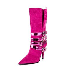 Shop Magenta Suede Pointed Toe Stilettos Buckles Mid-calf Boots color Magenta for Anniversary, Going out, Hanging out with worldwide Free shipping & Free return. Knee High Stiletto Boots, Uzun Boy, Pointy Toe Boots, Color Magenta, Stiletto Boots, Stiletto Pumps, Shoe Closet, Calf Boots, Mid Calf Boots