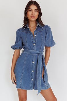 Myleigh Puff Sleeve Waist Tie Mini Dress Denim Blue by Selfie Leslie Mini Dress Puff Sleeves, Brunch Date, Dress Denim, Mini Dress Fashion, Split Maxi Dress, Puff Sleeve Dresses, Denim Mini Dress, Iron Material, Knit Mini Dress