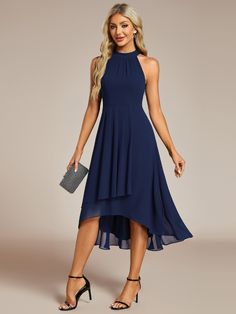 This sleeveless halterneck chiffon wedding guest dress exudes effortless glamor and elegance with an A-line silhouette and intricate pleat detailing. Navy Wedding Guest Dress Summer, Flowy Sleeveless Chiffon Dress For Banquet, Elegant Flowy Chiffon Sleeveless Dress, Elegant Chiffon Sleeveless Dress For Wedding, Elegant Halter Neck Chiffon Dress For Summer, Flowy Halter Neck Chiffon Party Dress, Summer Wedding Chiffon Halter Neck Dress, Flowy Halter Neck Chiffon Dress For Party, Summer Chiffon Halter Prom Dress