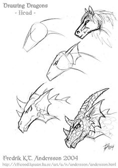 three drawings of different types of dragon heads, one is drawn in pencil and the other has