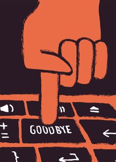 a drawing of a hand on top of a laptop keyboard with the word goodbye written below it