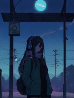 a girl with headphones standing in front of a bus stop at night, looking off into the distance