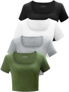 PRICES MAY VARY. High quality cotton fabric - This workout crop tops for women is made of 95% cotton and 5% spandex fabric, ensuring the perfect combination of comfort and durability. The cotton fabric has excellent breathability and moisture-wicking properties, keeping you slim fitted and comfortable, while the addition of spandex makes the garment more elastic and durable. Trendy square neck design - This basic tops for women trendy features a high-neck round collar and minimalist design, show Cute Simple Tops For Women, Cute Shirts From Amazon, Amazon Basic Tops, Cute Clothes On Amazon, Basic Tops For Women, Crop Tops For Women, Tops Trendy, Workout Tops For Women, Women Workout