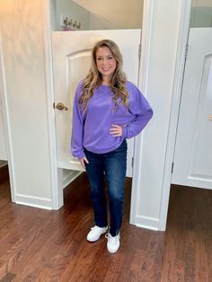 Stay cozy and stylish with the Fiby Sweatshirt. With its oversized fit and playful purple hue, this crewneck sweatshirt is perfect for adding a pop of color to your wardrobe. Made from a comfortable blend of 80% cotton and 20% polyester, it's the ultimate combination of fashion and comfort. Sizing: runs true to size; size chart included in the photos Purple Cotton Sweater With Ribbed Cuffs, Lavender Crew Neck Sweater For Fall, Casual Lavender Sweater For Fall, Purple Crew Neck Sweatshirt For Spring, Purple Sweater With Ribbed Cuffs, Spring Purple Crew Neck Sweatshirt, Purple Sweater With Relaxed Fit And Ribbed Cuffs, Relaxed Fit Purple Sweater With Ribbed Cuffs, Trendy Purple Sweatshirt With Ribbed Cuffs