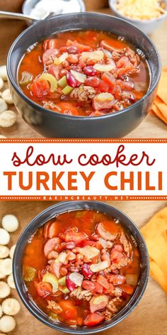 It's about time for some easy crockpot meals! This easy soup recipe for dinner made with a slow cooker makes it a breeze to whip up. With turkey chili and turkey beef, this comfort food idea is low in fat but full of flavor! Slow Cooker Turkey Chili Recipe, Turkey Chili Recipe, Slow Cooker Turkey Chili, Crockpot Soup, Chili Recipe Turkey, Slow Cooker Turkey, Crock Pot Recipes, Turkey Chili, Soups Stews