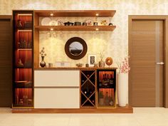 a wine rack in the middle of a room with wooden shelves and glassware on it