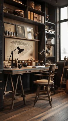 an old fashioned desk and chair in a room