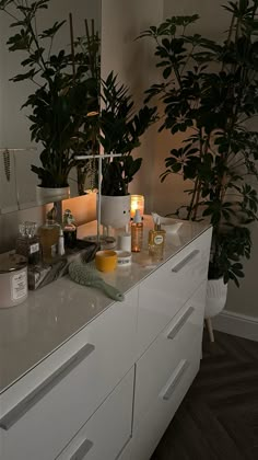 a bathroom counter with plants and candles on it